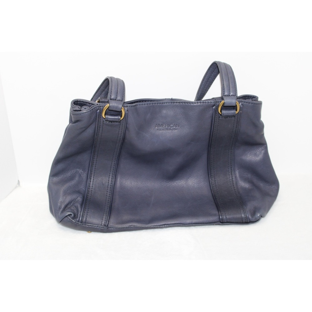 American Leather Co Navy Blue Pebbled Leather Satchel Shoulder Bag Brass Tone